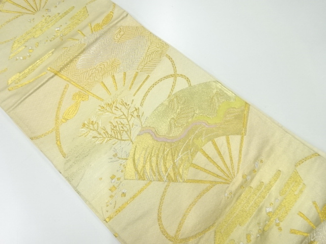 JAPANESE KIMONO / ANTIQUE FUKURO OBI / SILK / WOVEN FOLDING FAN & STREAM & FLORAL PLANTS